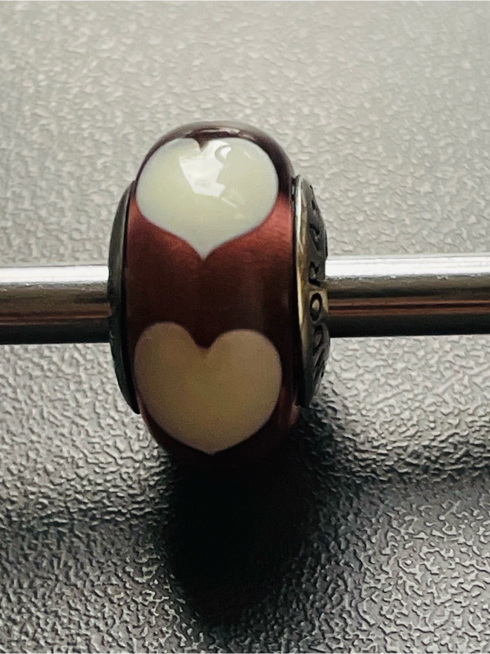 Brown Murano Glass Charm Bead with White Hearts